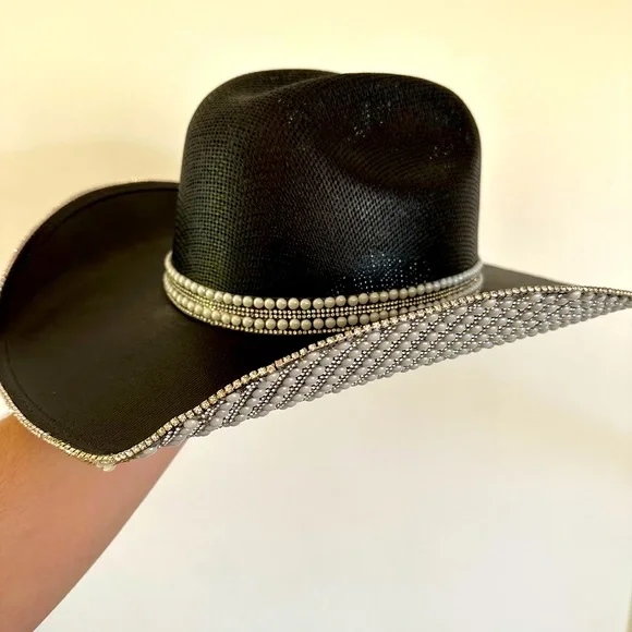 Accessories | Black Cowgirl Hat With Pearls And Rhinestones 